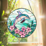 Dolphin Stained Glass Suncatcher with Pink Flowers Ocean Themed Window Hanging Coastal Marine Decor Gift for Beach Lover