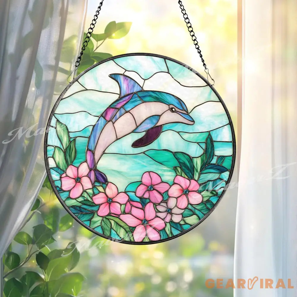 Dolphin Stained Glass Suncatcher with Pink Flowers Ocean Themed Window Hanging Coastal Marine Decor Gift for Beach Lover