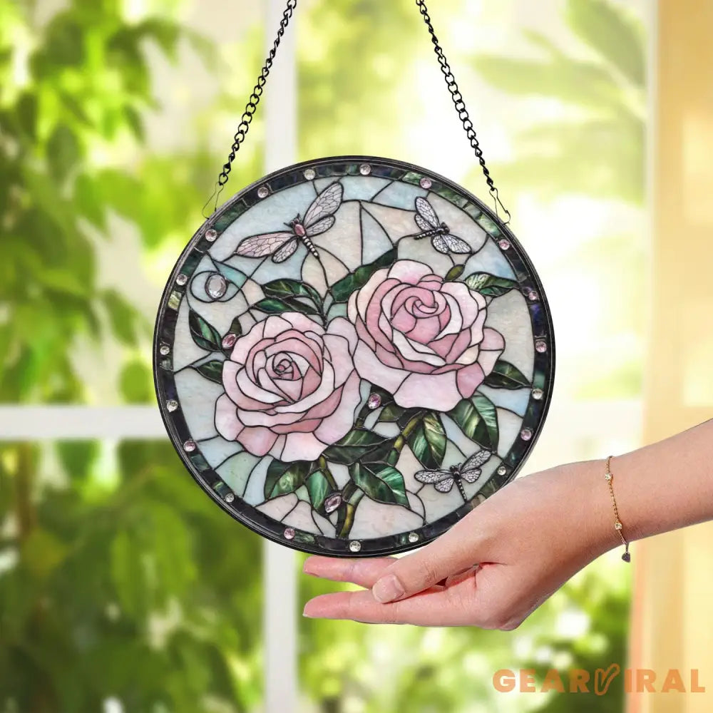 Double Dragonfly and Lotus Stained Glass Suncatcher Elegant Floral Window Hanging Nature-Inspired Decor Gift for Garden