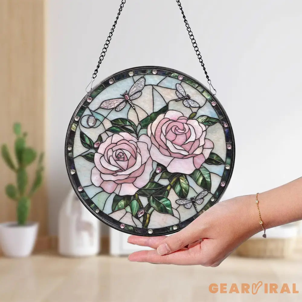 Double Dragonfly and Lotus Stained Glass Suncatcher Elegant Floral Window Hanging Nature-Inspired Decor Gift for Garden