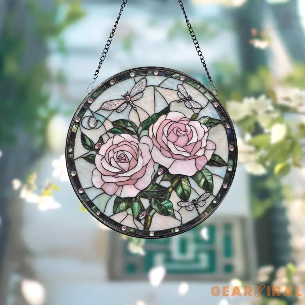 Double Dragonfly and Lotus Stained Glass Suncatcher Elegant Floral Window Hanging Nature-Inspired Decor Gift for Garden