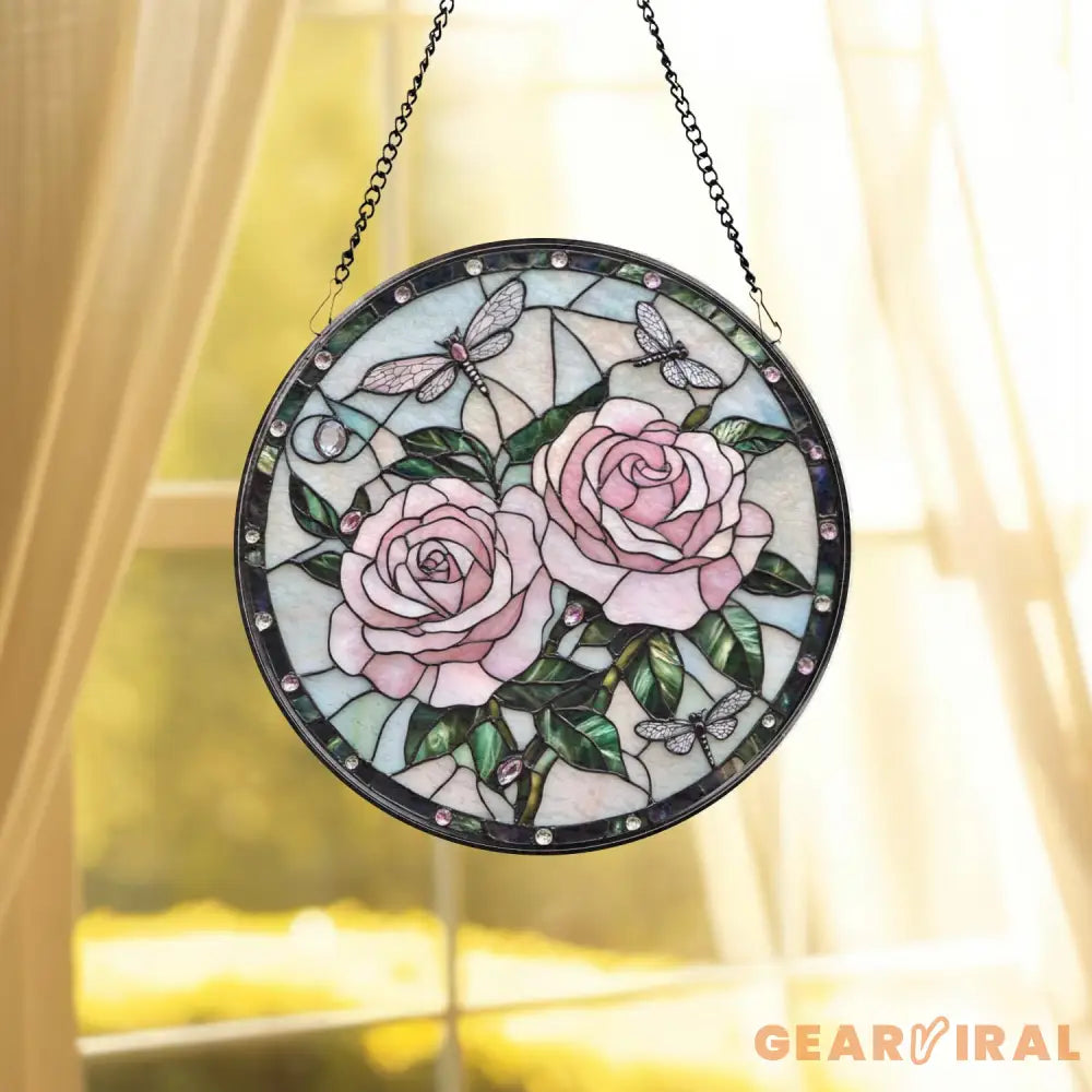 Double Dragonfly and Lotus Stained Glass Suncatcher Elegant Floral Window Hanging Nature-Inspired Decor Gift for Garden