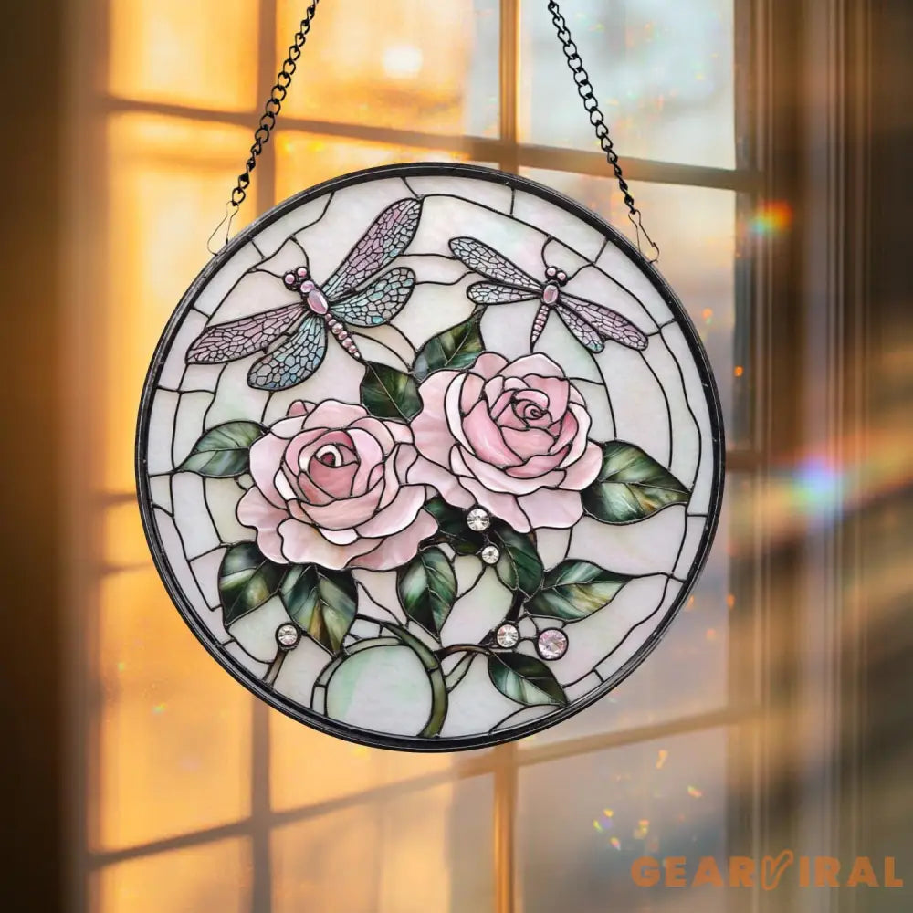 Double Dragonfly and Lotus Stained Glass Suncatcher Floral Window Hanging Zen Garden Decor Nature-Inspired Art Gift for