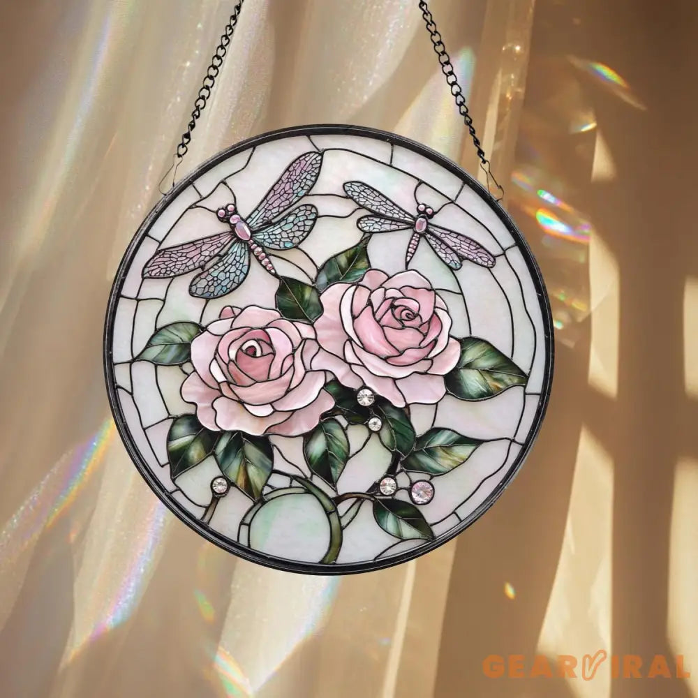 Double Dragonfly and Lotus Stained Glass Suncatcher Floral Window Hanging Zen Garden Decor Nature-Inspired Art Gift for