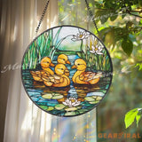 Ducklings Stained Glass Suncatcher Baby Ducks Window Hanging Panel Pond Water Lily Glass Art for Spring Garden or
