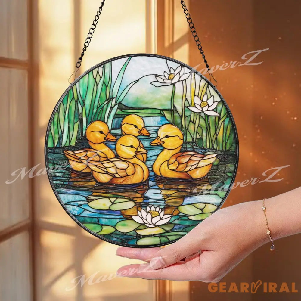 Ducklings Stained Glass Suncatcher Baby Ducks Window Hanging Panel Pond Water Lily Glass Art for Spring Garden or