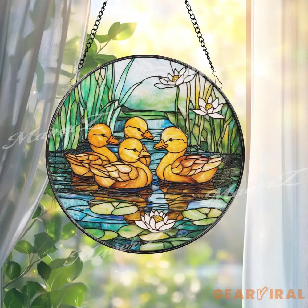 Ducklings Stained Glass Suncatcher Baby Ducks Window Hanging Panel Pond Water Lily Glass Art for Spring Garden or