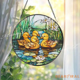 Ducklings Stained Glass Suncatcher Baby Ducks Window Hanging Panel Pond Water Lily Glass Art for Spring Garden or