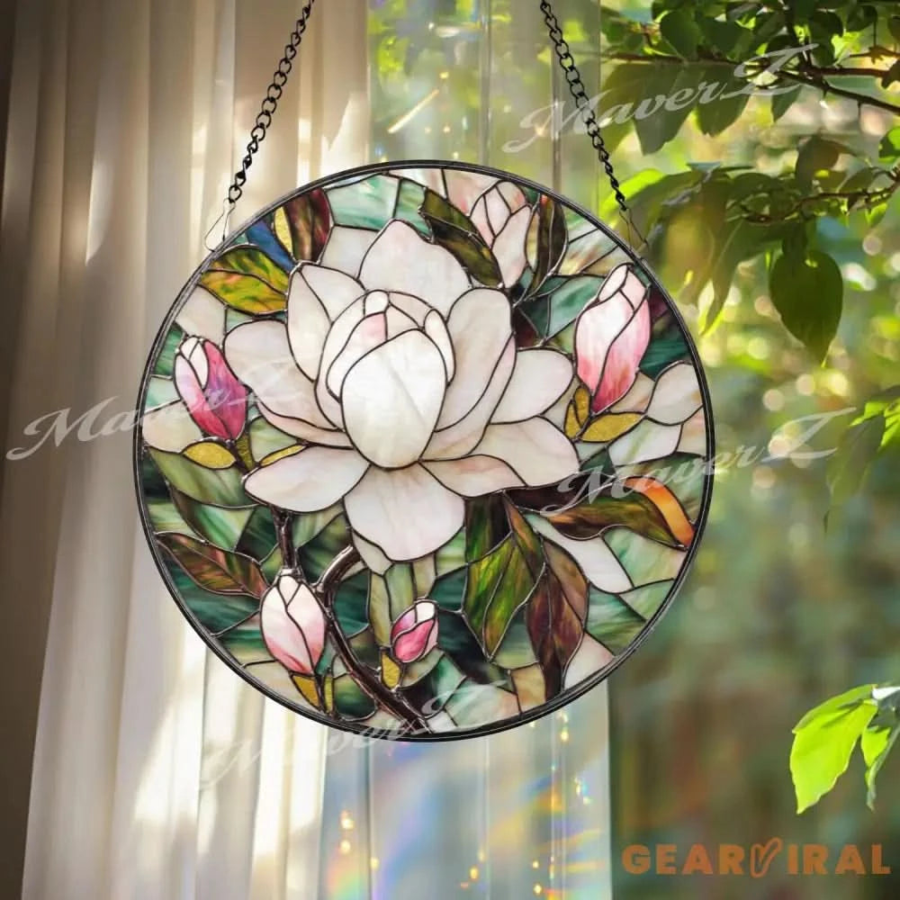 Elegant Magnolia Blossom Stained Glass Suncatcher White and Pink Flower Window Panel Floral Garden Hanging Gift for Her