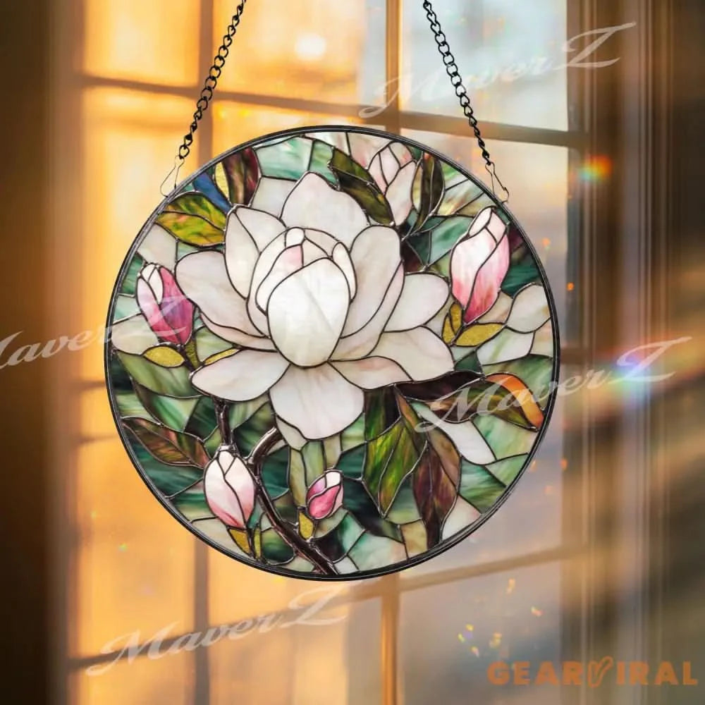 Elegant Magnolia Blossom Stained Glass Suncatcher White and Pink Flower Window Panel Floral Garden Hanging Gift for Her