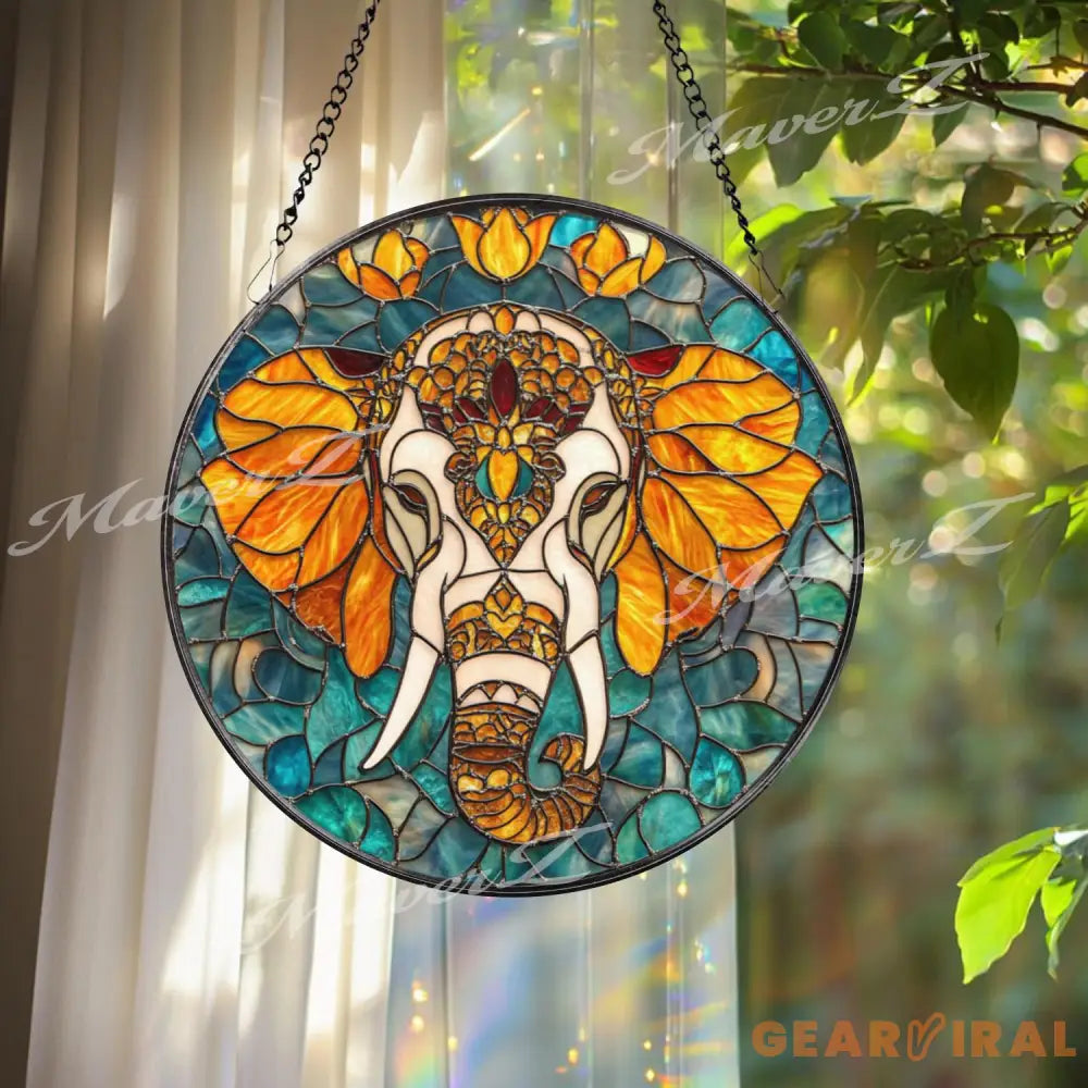 Elephant Stained Glass Suncatcher Mandala Elephant Decor Boho Jungle Animal Glass Art Safari Window Hanging Gift for
