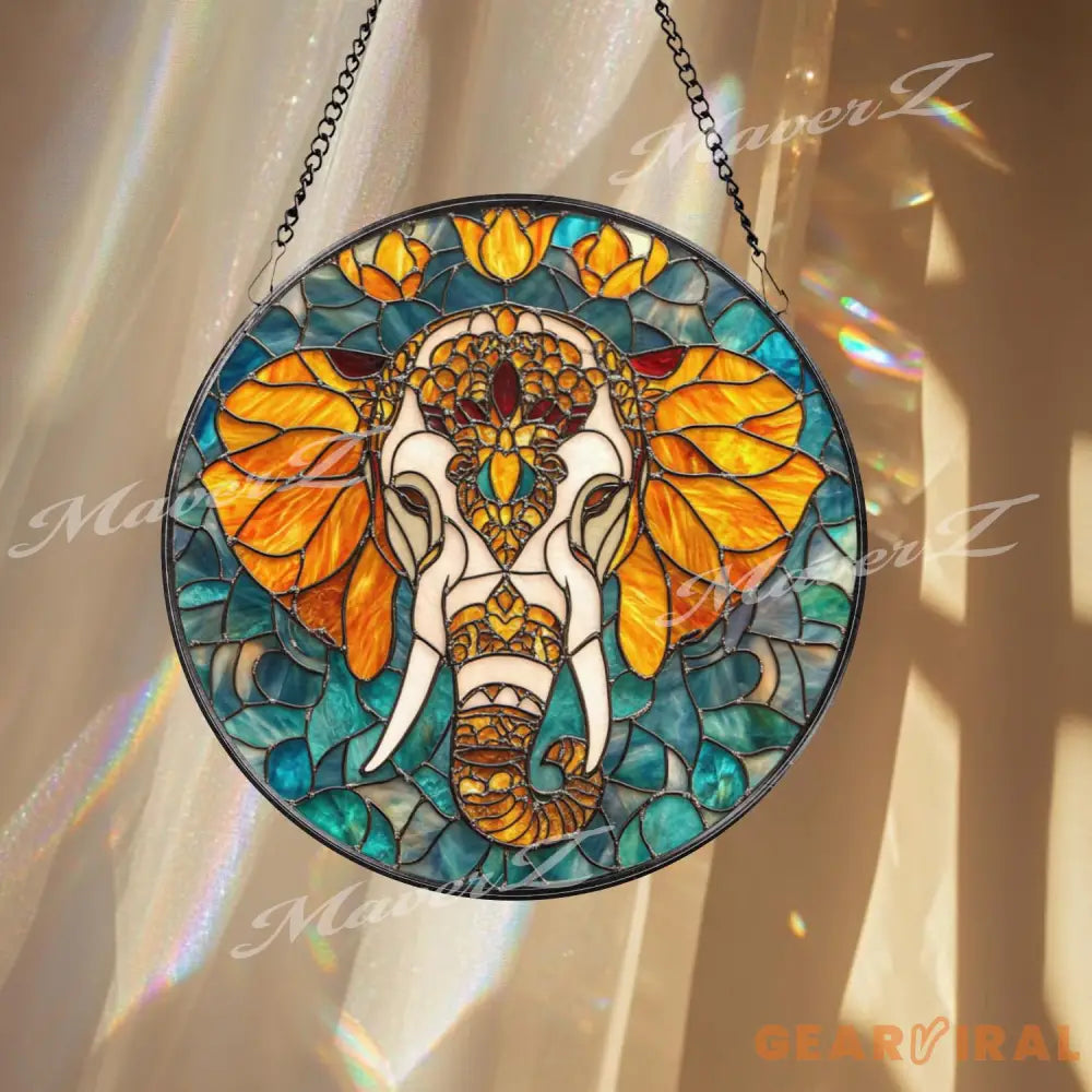 Elephant Stained Glass Suncatcher Mandala Elephant Decor Boho Jungle Animal Glass Art Safari Window Hanging Gift for