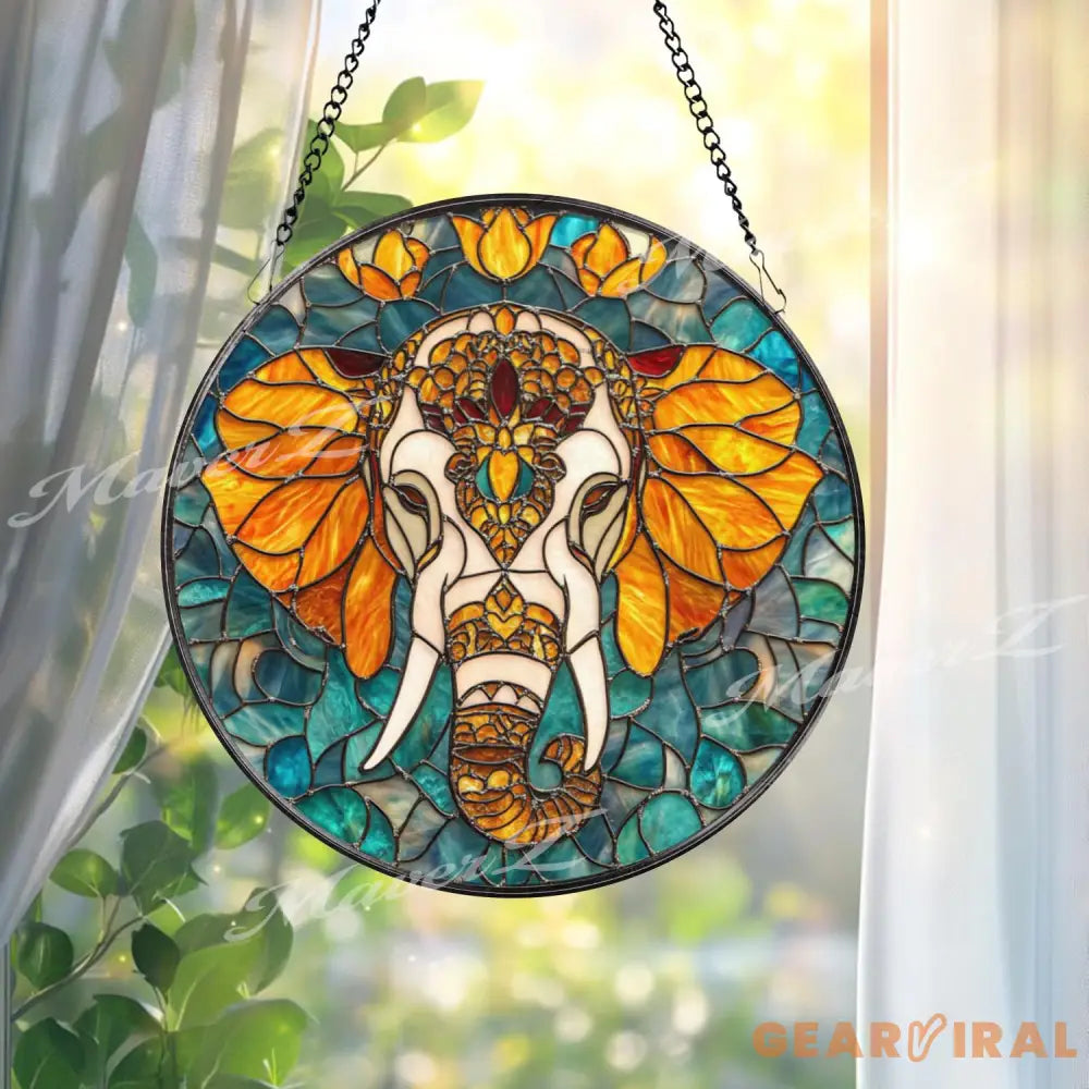 Elephant Stained Glass Suncatcher Mandala Elephant Decor Boho Jungle Animal Glass Art Safari Window Hanging Gift for