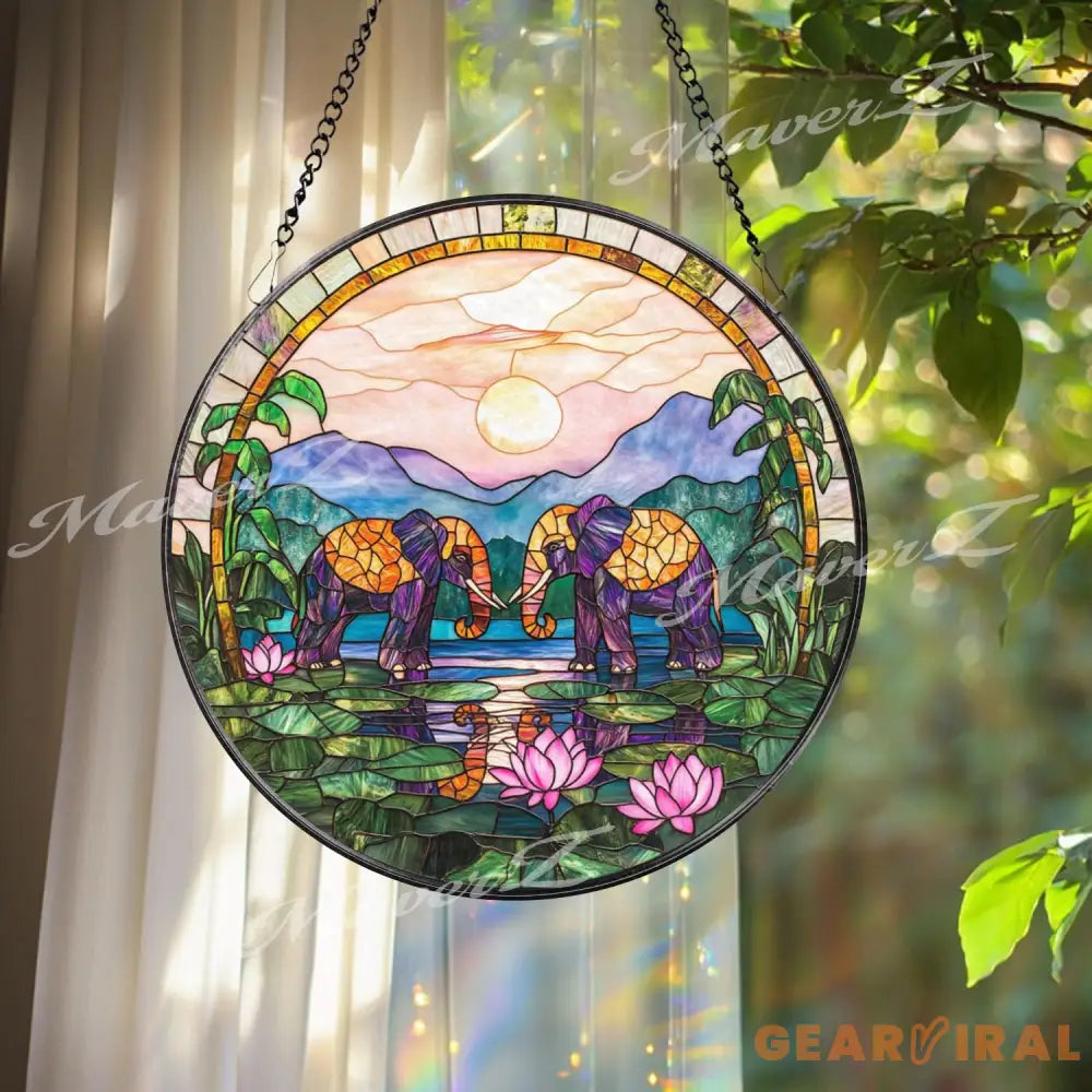 Elephant Stained Glass Suncatcher Sunset Jungle Window Hanging Lotus Pond Glass Panel Boho Safari Decor Peaceful Animal