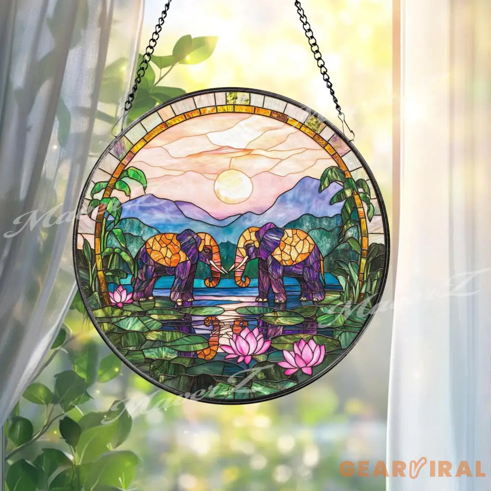 Elephant Stained Glass Suncatcher Sunset Jungle Window Hanging Lotus Pond Glass Panel Boho Safari Decor Peaceful Animal