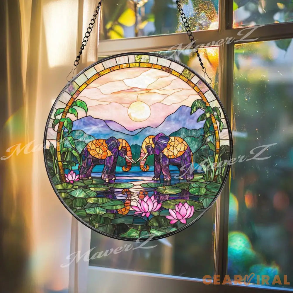Elephant Stained Glass Suncatcher Sunset Jungle Window Hanging Lotus Pond Glass Panel Boho Safari Decor Peaceful Animal