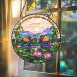 Elephant Stained Glass Suncatcher Sunset Jungle Window Hanging Lotus Pond Glass Panel Boho Safari Decor Peaceful Animal