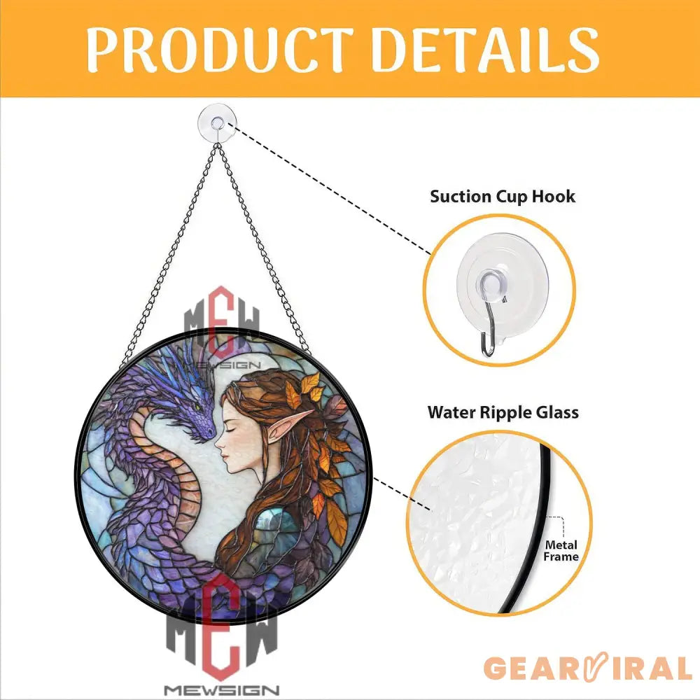 Elf and Dragon Stained Glass Suncatcher Fantasy Window Hanging Mystic Bond Glass Art Purple Dragon Decor Magical Gift