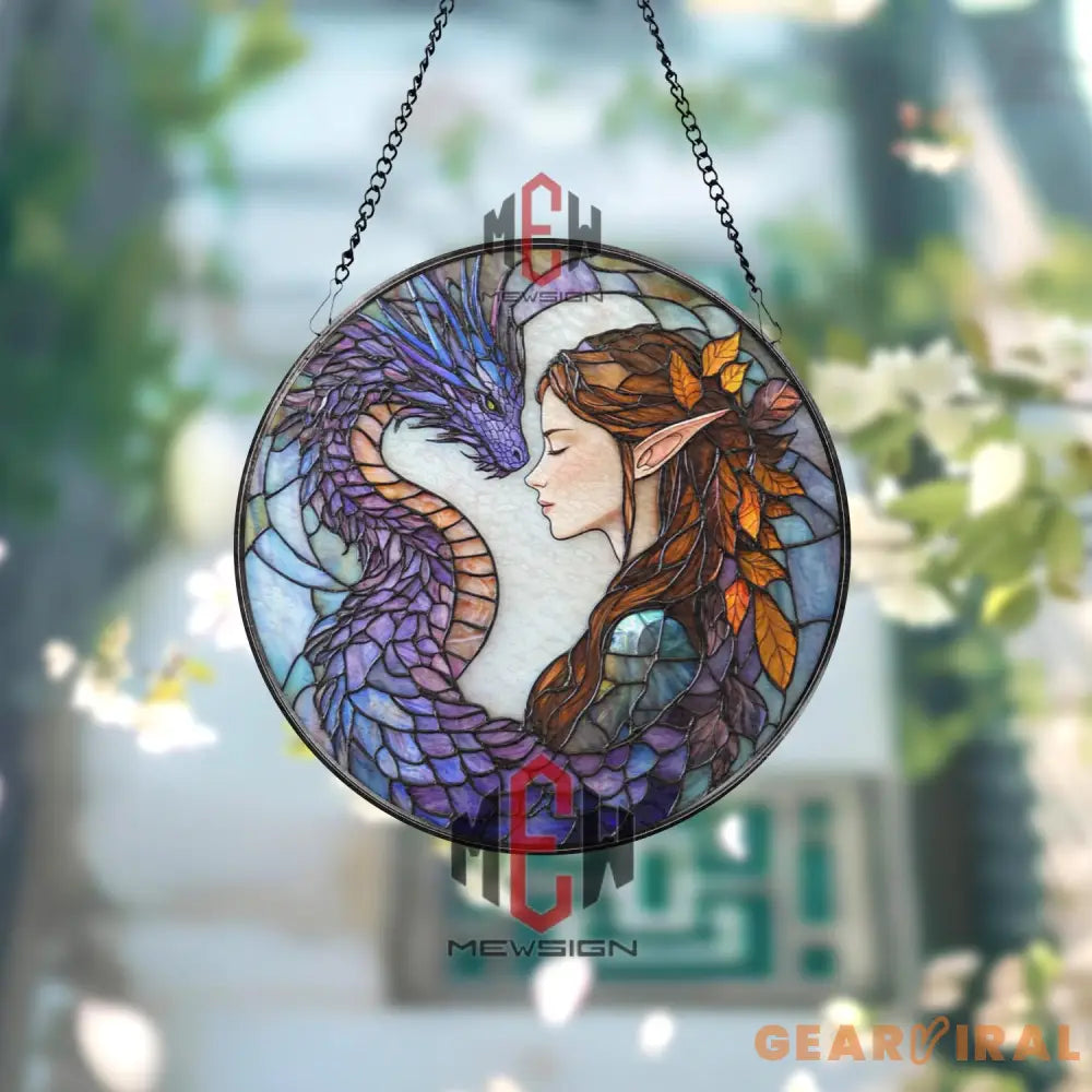 Elf and Dragon Stained Glass Suncatcher Fantasy Window Hanging Mystic Bond Glass Art Purple Dragon Decor Magical Gift