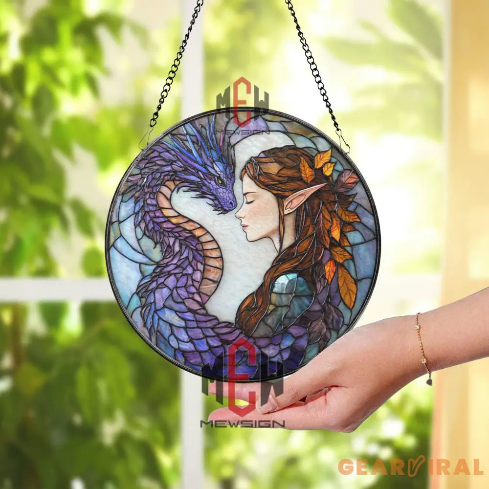 Elf and Dragon Stained Glass Suncatcher Fantasy Window Hanging Mystic Bond Glass Art Purple Dragon Decor Magical Gift