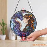 Elf and Dragon Stained Glass Suncatcher Fantasy Window Hanging Mystic Bond Glass Art Purple Dragon Decor Magical Gift