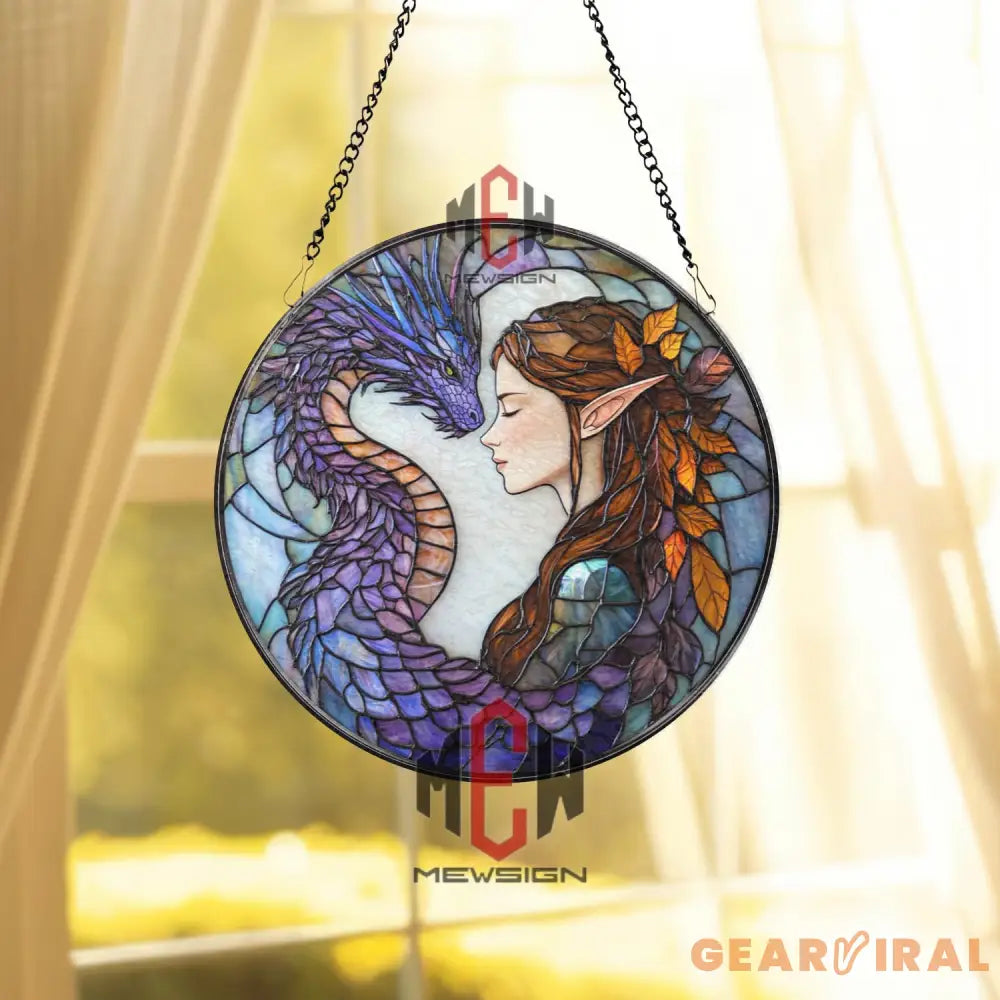 Elf and Dragon Stained Glass Suncatcher Fantasy Window Hanging Mystic Bond Glass Art Purple Dragon Decor Magical Gift