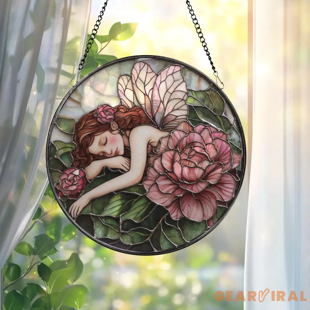 Fairies & Peony Glass Window Hanging Enchanted Flower Fairy Suncatcher Whimsical Wall Art Gift for Girlfriend Fairy