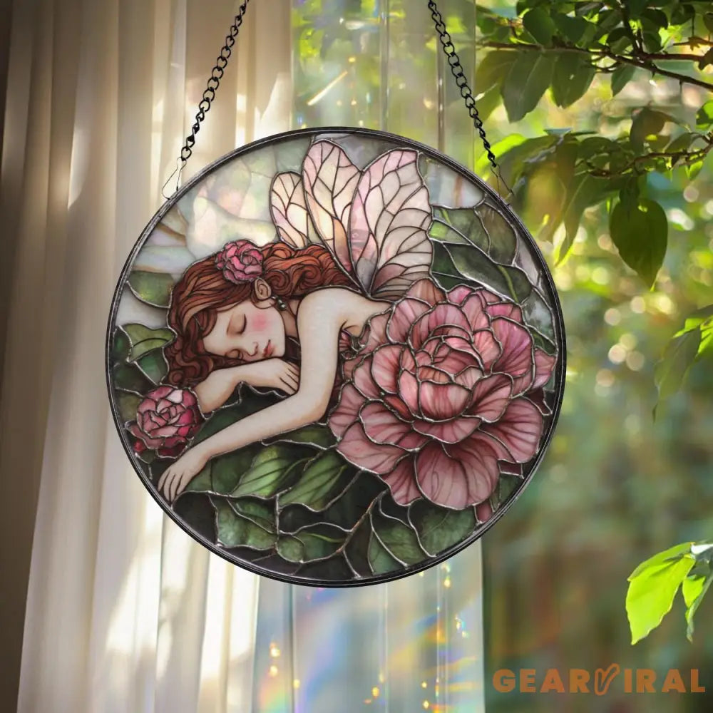 Fairies & Peony Glass Window Hanging Enchanted Flower Fairy Suncatcher Whimsical Wall Art Gift for Girlfriend Fairy