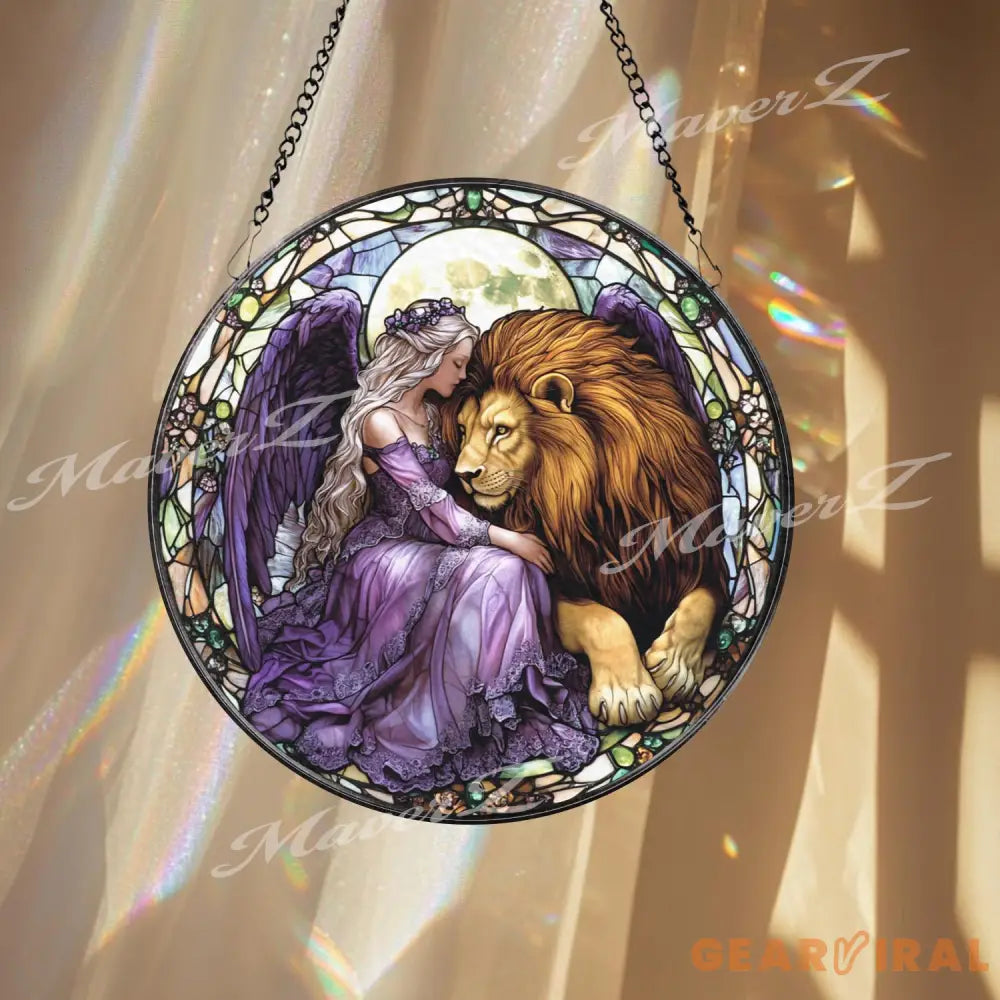 Fairy and Lion Stained Glass Suncatcher Enchanted Purple Angel Window Decor Fantasy Creature Art Gift for Her or Nature
