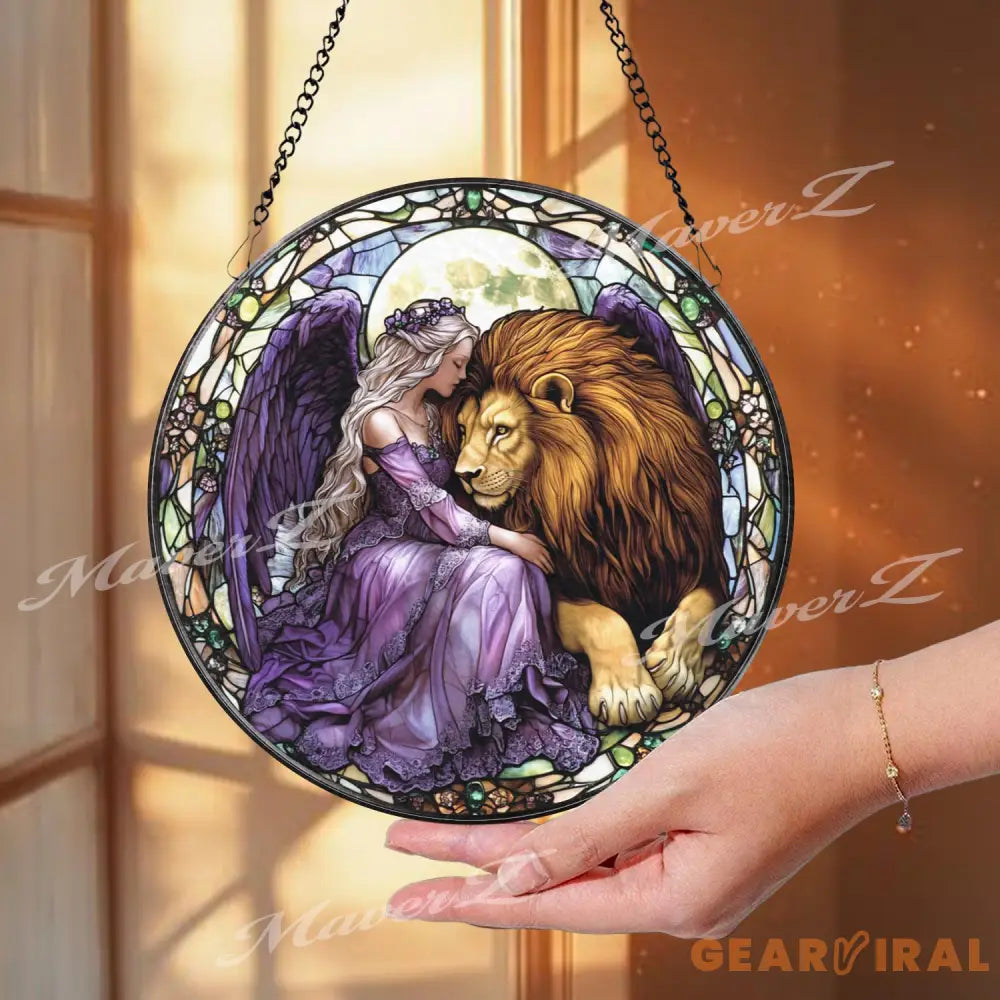Fairy and Lion Stained Glass Suncatcher Enchanted Purple Angel Window Decor Fantasy Creature Art Gift for Her or Nature