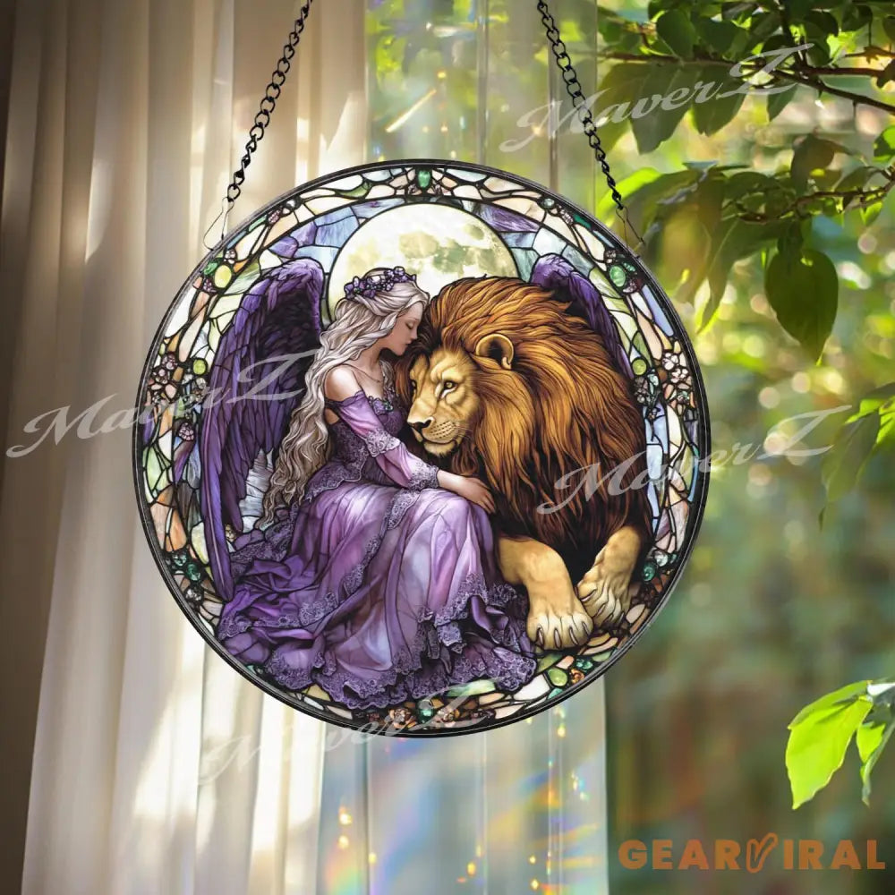 Fairy and Lion Stained Glass Suncatcher Enchanted Purple Angel Window Decor Fantasy Creature Art Gift for Her or Nature