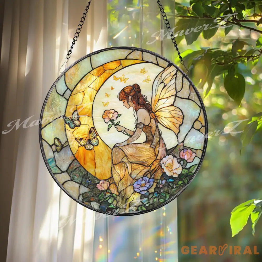 Fairy Moon Stained Glass Suncatcher Fantasy Fairy Window Hanging Art Crescent Moon Butterfly Glass Panel Whimsical