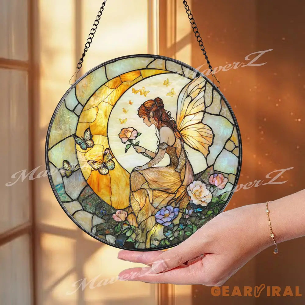Fairy Moon Stained Glass Suncatcher Fantasy Fairy Window Hanging Art Crescent Moon Butterfly Glass Panel Whimsical