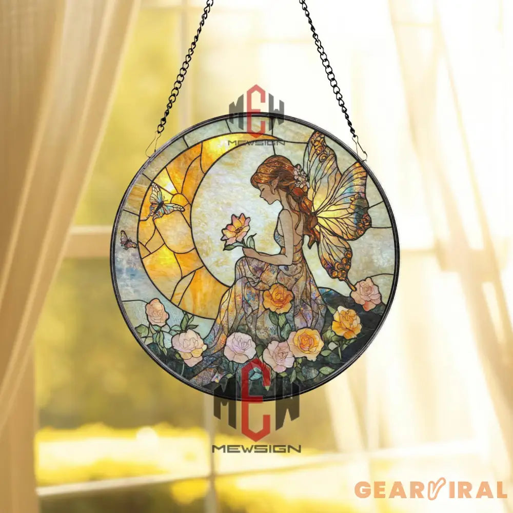 Fairy Stained Glass Suncatcher Butterfly Wing Fairy Window Panel Floral Garden Spirit Art Enchanted Sun Moon Glass