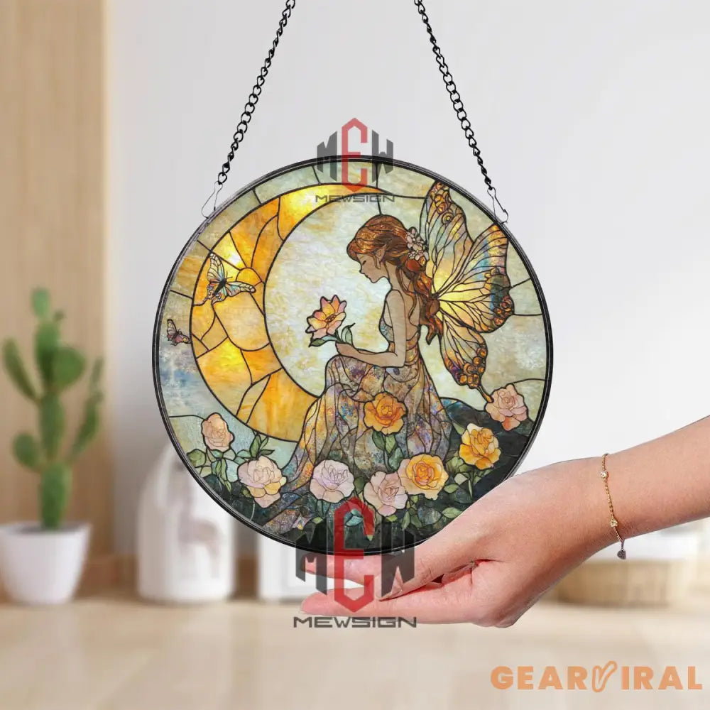 Fairy Stained Glass Suncatcher Butterfly Wing Fairy Window Panel Floral Garden Spirit Art Enchanted Sun Moon Glass
