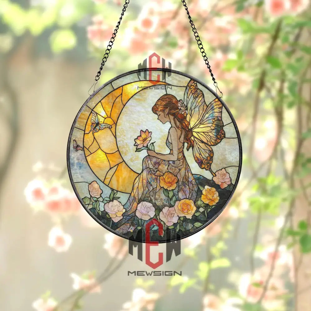 Fairy Stained Glass Suncatcher Butterfly Wing Fairy Window Panel Floral Garden Spirit Art Enchanted Sun Moon Glass