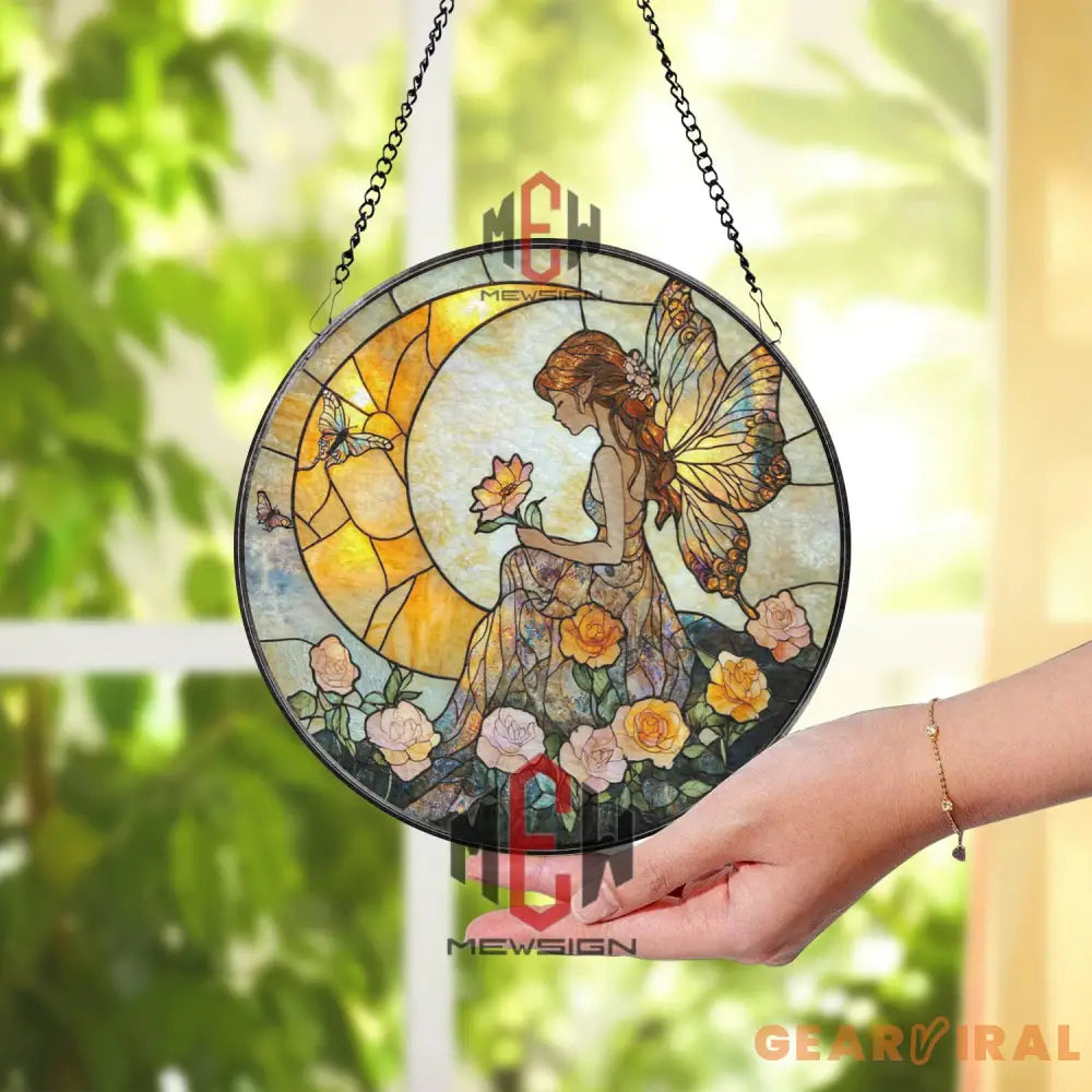 Fairy Stained Glass Suncatcher Butterfly Wing Fairy Window Panel Floral Garden Spirit Art Enchanted Sun Moon Glass