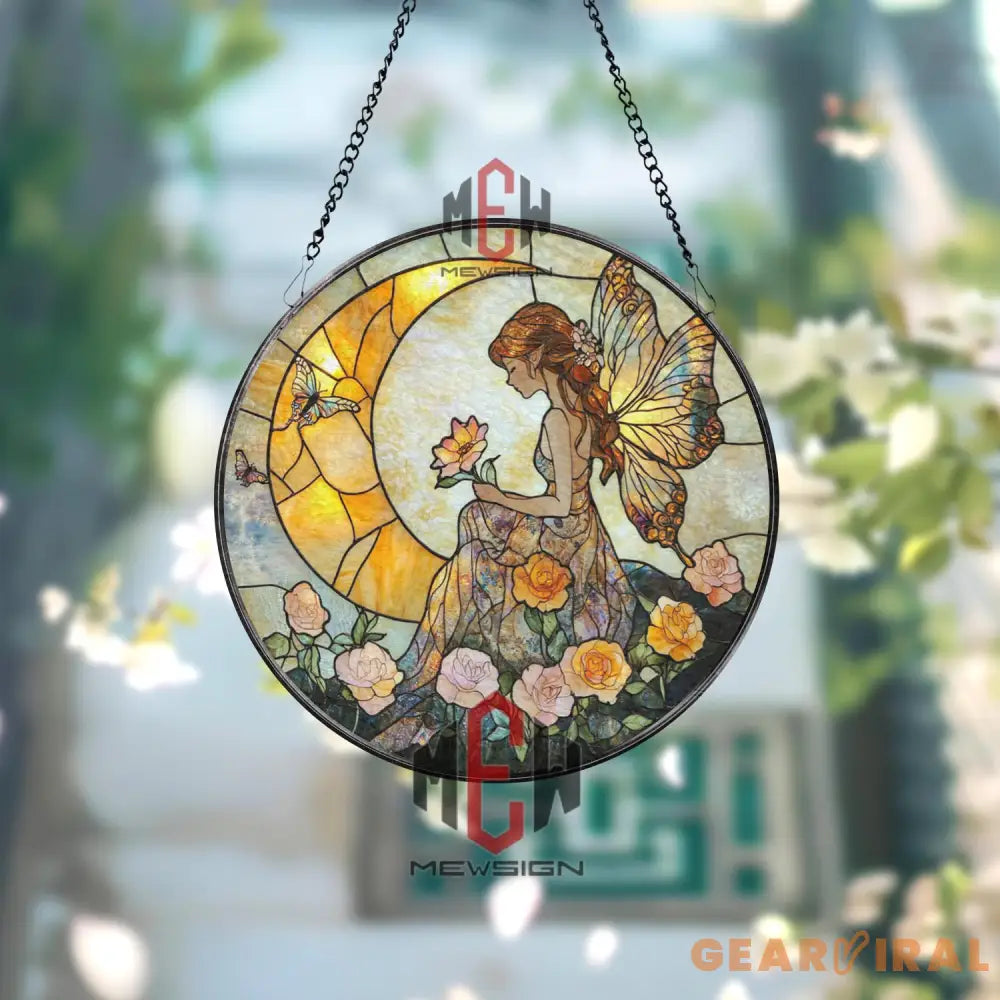 Fairy Stained Glass Suncatcher Butterfly Wing Fairy Window Panel Floral Garden Spirit Art Enchanted Sun Moon Glass