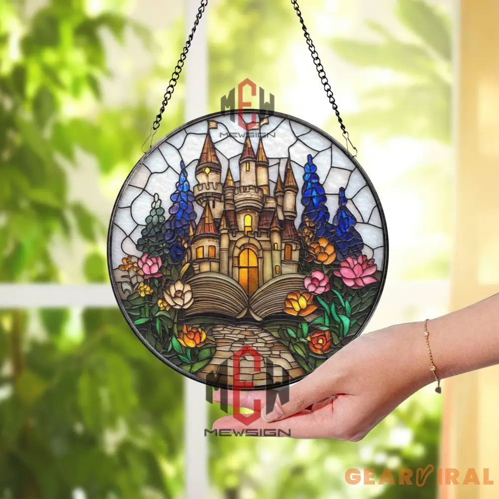 Fairy Tale Castle Stained Glass Suncatcher Fantasy Storybook Window Hanging Magical Book Lover Gift Enchanted Decor