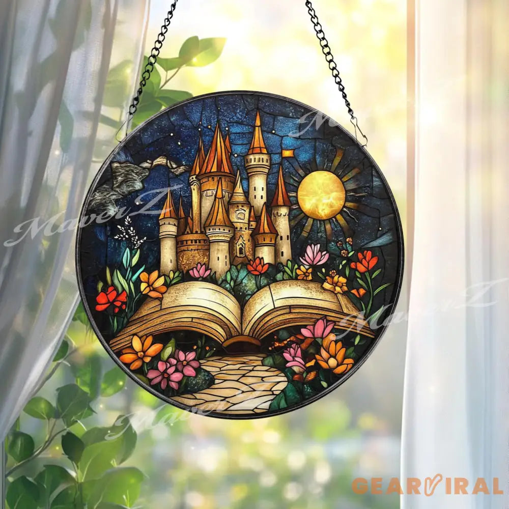 Fairy Tale Castle Stained Glass Suncatcher Open Book Fantasy Window Hanging Magical Storybook Art for Dreamers and Book