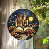 Fairy Tale Castle Stained Glass Suncatcher Open Book Fantasy Window Hanging Magical Storybook Art for Dreamers and Book