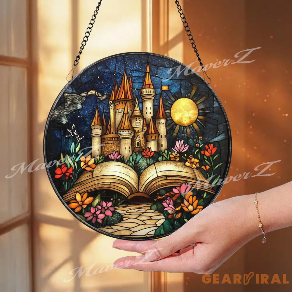 Fairy Tale Castle Stained Glass Suncatcher Open Book Fantasy Window Hanging Magical Storybook Art for Dreamers and Book