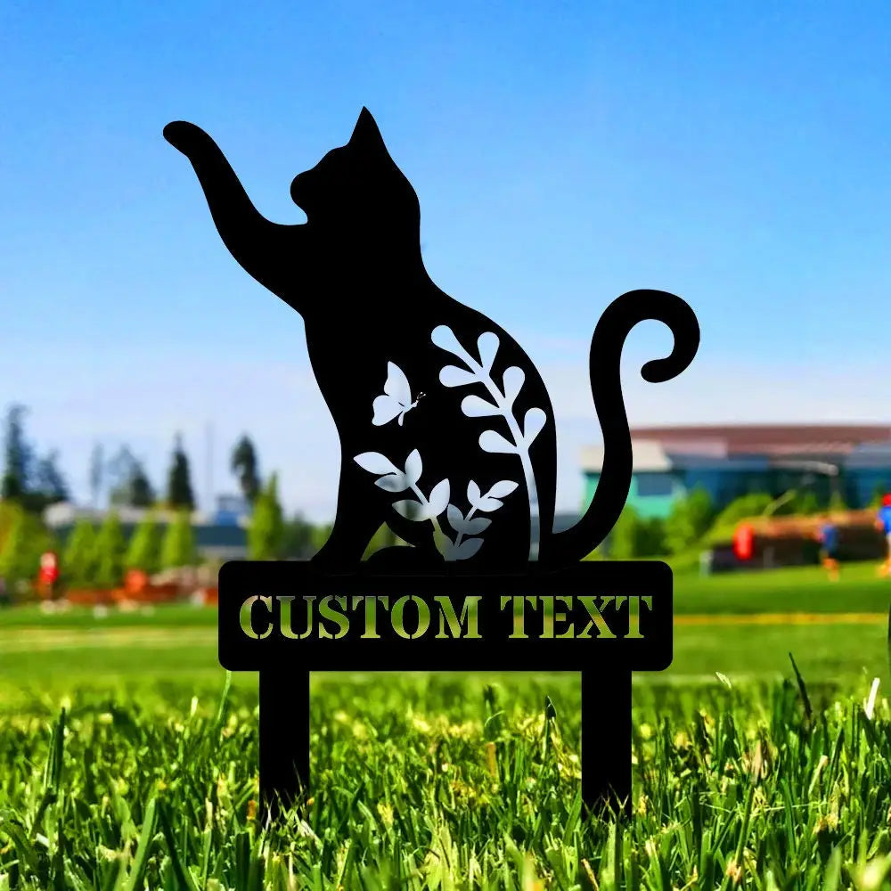 Family Name Cat Metal Stake- Family Garden Stake - Personalize Cat Shape Yard Art - Black Cat Sign - Housewarming