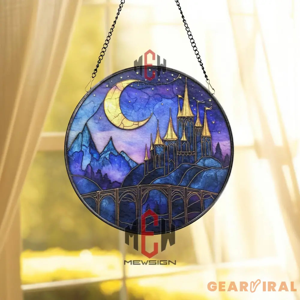 Fantasy Castle Stained Glass Suncatcher Crescent Moon Night Sky Window Hanging Purple Gothic Glass Panel Gift for