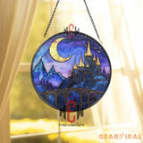 Fantasy Castle Stained Glass Suncatcher Crescent Moon Night Sky Window Hanging Purple Gothic Glass Panel Gift for
