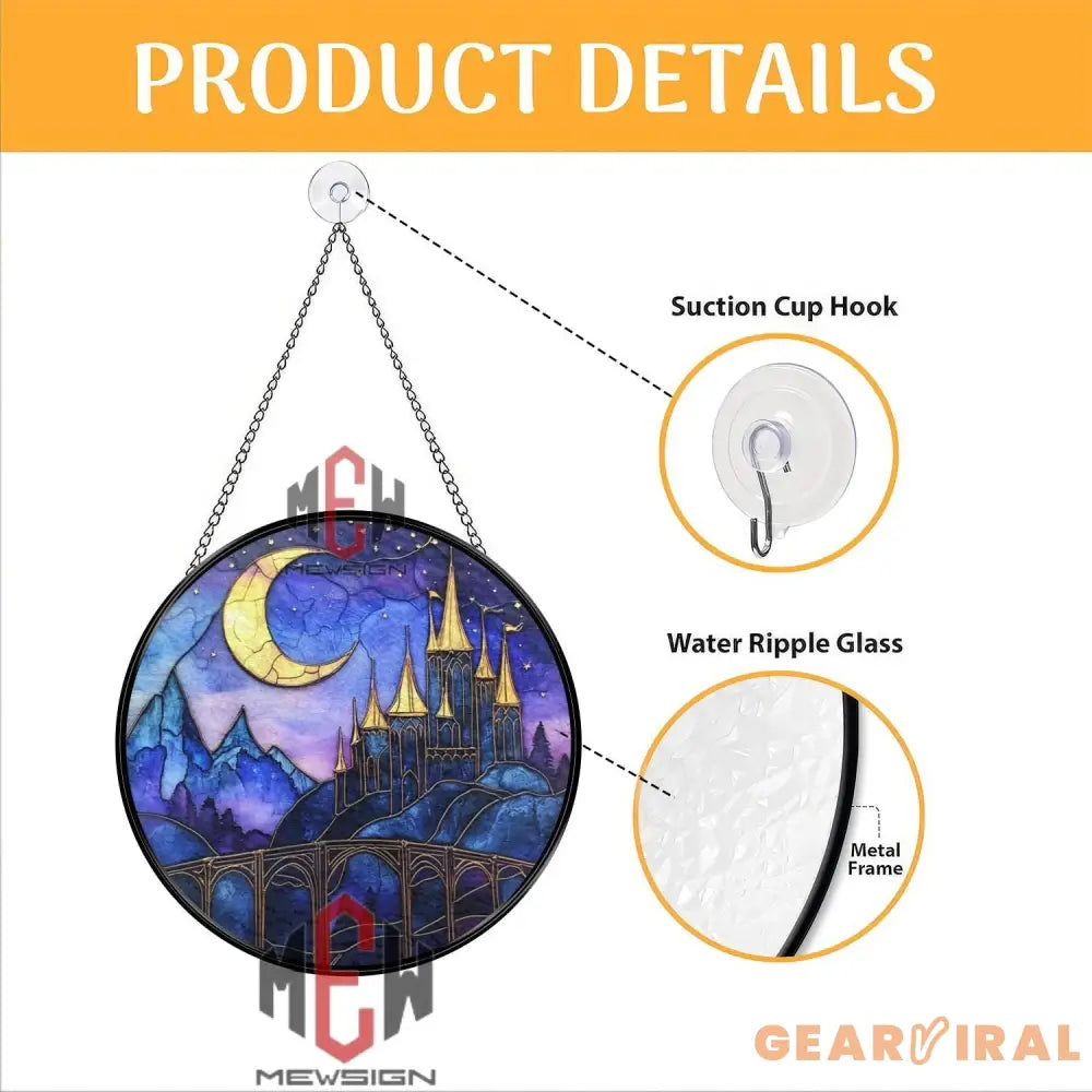 Fantasy Castle Stained Glass Suncatcher Crescent Moon Night Sky Window Hanging Purple Gothic Glass Panel Gift for