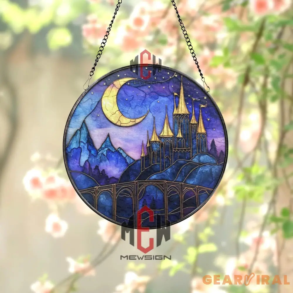 Fantasy Castle Stained Glass Suncatcher Crescent Moon Night Sky Window Hanging Purple Gothic Glass Panel Gift for