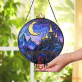 Fantasy Castle Stained Glass Suncatcher Crescent Moon Night Sky Window Hanging Purple Gothic Glass Panel Gift for