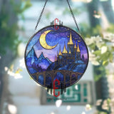 Fantasy Castle Stained Glass Suncatcher Crescent Moon Night Sky Window Hanging Purple Gothic Glass Panel Gift for