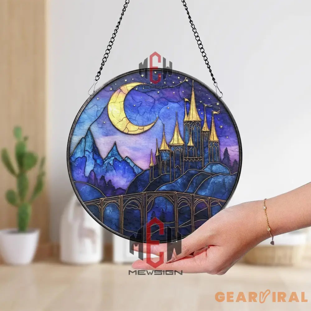 Fantasy Castle Stained Glass Suncatcher Crescent Moon Night Sky Window Hanging Purple Gothic Glass Panel Gift for